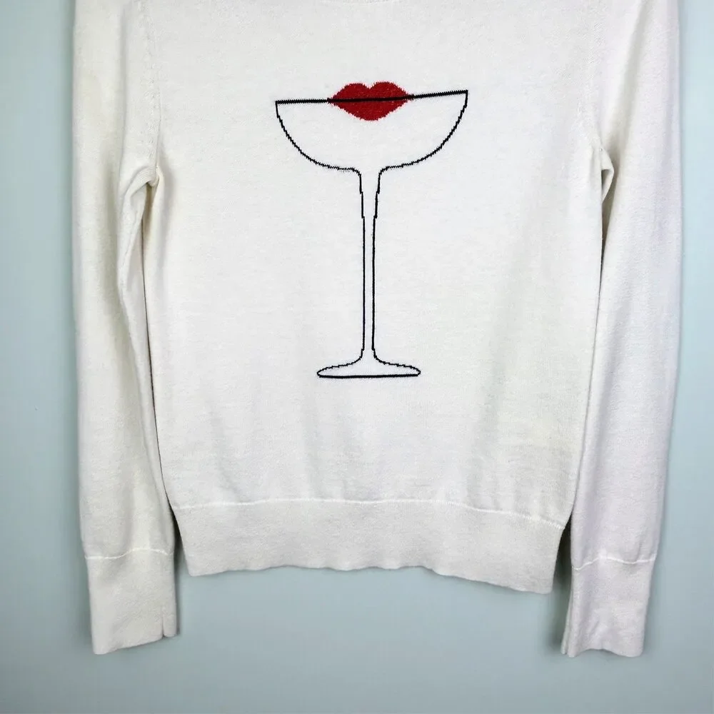 Kate Spade Cocktail Kiss Sweater Cream Cotton Silk Knit Crewneck Pullover XS